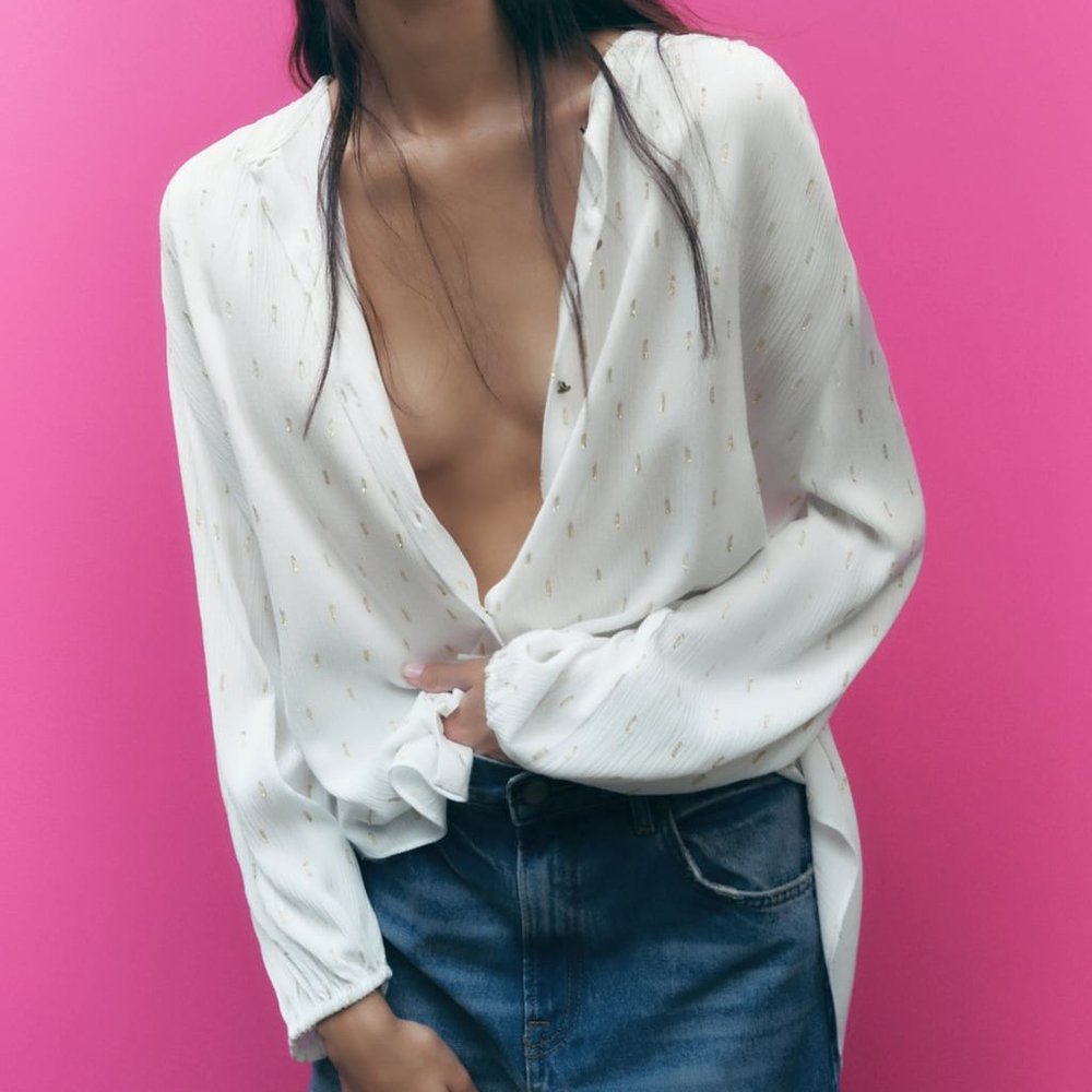 Zara White and Gold Metallic Thread Shirt